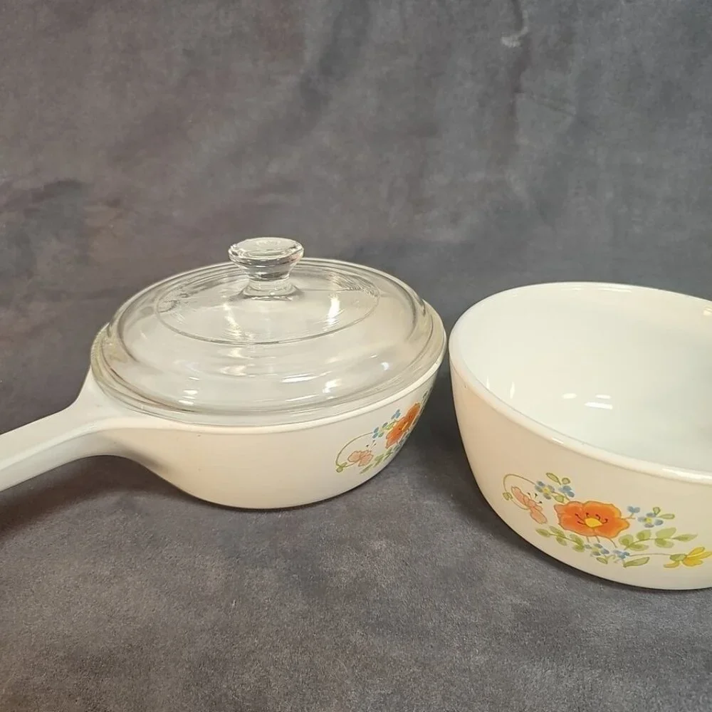 Vtg CORNINGWARE Wildflower P-82-B 1.5P SAUCE PAN & P-81-B 1P Sauce-skillet/1-Lid